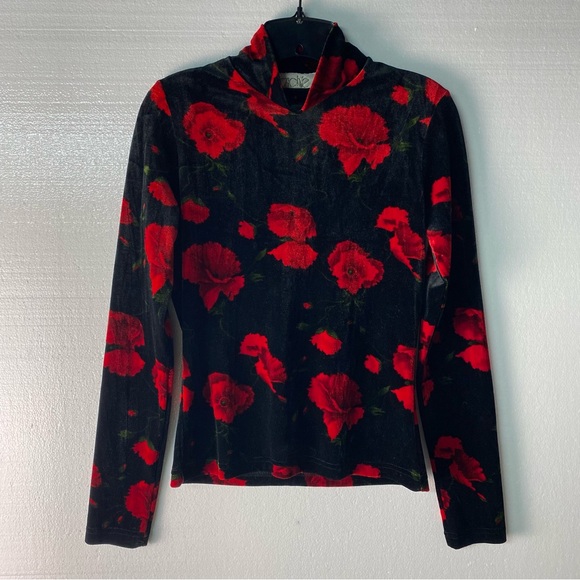 Cache Tops - Vintage Cache Velvet M Black Red Floral Turtleneck Burnout Y2K Romantic Goth Top